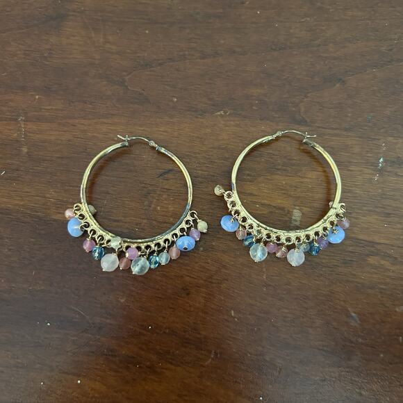 Gold Tone Hoop Earrings with Multicolor Bead Charms Boho Dangle Style - Picture 1 of 4